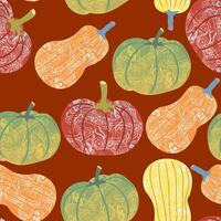 fall seamless pattern with ornamental pumpkins on red background vector