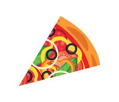 Slice of pizza in cartoon style. Flat illustration of a delicious slice of pizza with sausage, olives, basil, bell pepper, onion rings, tomato, ketchup and cheese isolated on a white background. vector
