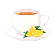Cup with tea and lemons in cartoon style. Flat illustration of a white cup with a plate, hot tea, lemon slices with green leaves isolated on a white background. Warming tea. Useful tea. vector