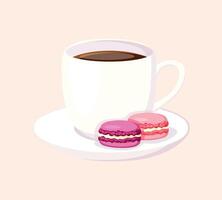Flat illustration of a cup with coffee and delicious macaroons. Cartoon style of white cups with plate, hot coffee, cakes macaroons isolated on beige background. vector
