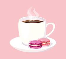 Flat illustration of a cup of coffee and delicious macaroons. Cartoon style white cup with saucer, hot coffee with steam, macaroon cakes isolated on soft pink background. vector