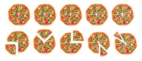 Set of yummy pizzas in cartoon style. Flat illustration of delicious pizzas with different toppings and types of cuts, slices isolated on a white background. vector