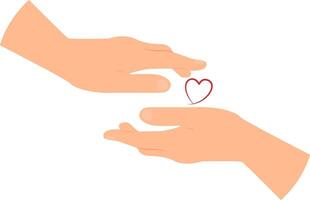 A small heart between palms of two people. vector