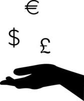 Silhouette of euro, dollar, pound signs above an outstretched hand. vector