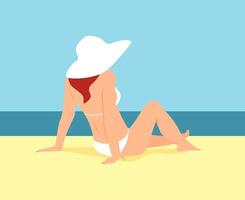 A woman in a white swimsuit and a hat half lying on a beach and looking at the sea vector