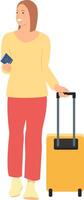 Smiling young woman with passport and suitcase. vector