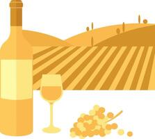 Bottle and glass of white wine and bunch of grapes and vineyard as background. vector