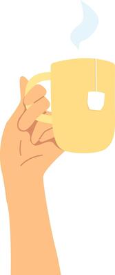 Hand holding a cup with tea bag label and blue cloud of steam.