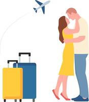 A young man and woman hugging, two suitcases, airplane in the flight. Honey moon travel. vector