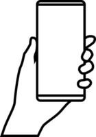 Hand holding smartphone. Outline icon. vector