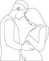 Man touching the belly of his pregnant woman. Outline style. vector