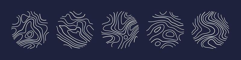 Circular wood rings or topographic map lines texture set. Wood tree topographic abstract lines collection vector