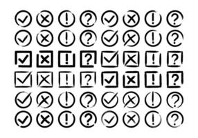 Dirty grunge cross x, tick OK, exclamation and question check marks in check boxes. vector