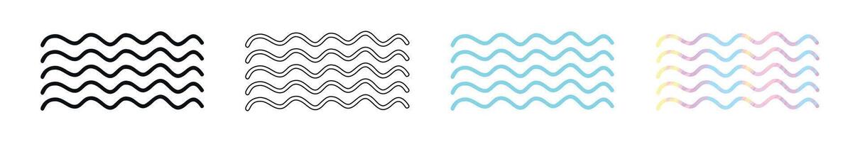 Set of abstract wavy lines isolated on a white background. Black silhouette, outline, and colored versions. Concept of geometric patterns, waves, motion, fluidity, water, ocean, sea. Design elements vector