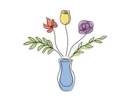 Minimalist Floral Illustration with Tulip and Rose in Vase. Bouquet of flowers isolated on white background. Continuous one line drawing. Colored Line Art. Concept of Home Decor Element, Botanical Art vector