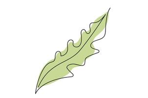 Continuous one line drawing of green leaf isolated on white background. Line art. Concept of nature, ecology, organic shapes, Botanical Art, outline. Dandelion leaf. Design element, print, icon vector