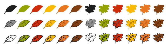 Big Set of leaf icons featuring colored illustrations, black silhouette, black outline. Isolated on white background. Concept of nature, autumn leaves, ecology, botanical, foliage. Design elements. vector