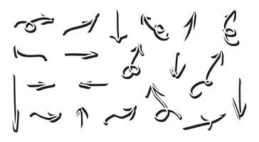 Set of hand-drawn curved volumetric black arrows isolated on a white background. Concept of direction, navigation, pointers, movement. Design elements and symbols. Collection in doodle style vector