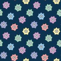 Seamless Pattern of Gears on Dark Blue Background. Concept of Cute Industrial Design, Colorful Machine Parts, Engineering Tools, Repetitive Motif. Textile and Wallpaper Element. Wrapping paper, Print vector