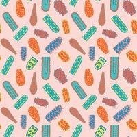 Seamless pattern with colorful abstract Memphis-style elements on red background. Concept of bacteria, viruses, columns, cacti, stalactites. Fun design for textile, wrapping paper, creative project vector