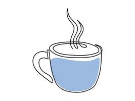 Line art of Blue hot cup with steam. Coffee or tea mug Isolated on white background. Continuous one line drawing. Concept of hot beverage, Morning drink, Minimalist Style, Design Element, Icon, Print vector