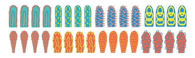 Colorful abstract Memphis-style design elements in bright colors with playful patterns. Abstract columns, bacteria, virus cells, cacti, stalactites, stalagmites. Isolated on white background vector