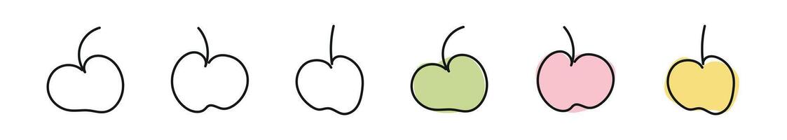 Set of apples isolated on a white background. Includes black outline, continuous one line drawing and colored versions. Whole fruit. Line art. Design element, print, icon. Concept of healthy dessert vector