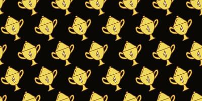 Seamless Pattern of Golden trophy Cups with Number One on Black Background. Concept of Success, Achievement, Award Trophies, Winning, victory, prize, first place award. Wallpaper, Textile, Print vector