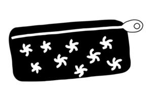 Black silhouette of Pencil Case with Flower Patterns isolated on white background. Concept of School Supplies, Stationery, Cute Design, Student Essentials. Zippered Pouch for Organization and Storage vector