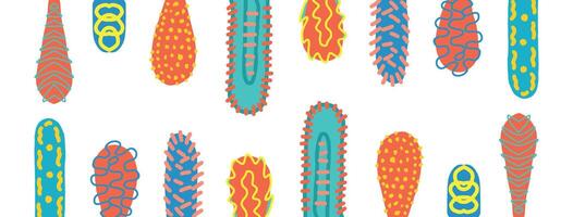 Colorful abstract Memphis-style design elements on white background. Bacteria and virus cells in various shapes. Concept of microbiology, pathogen, infection. Abstract cacti, stalactites, stalagmites vector