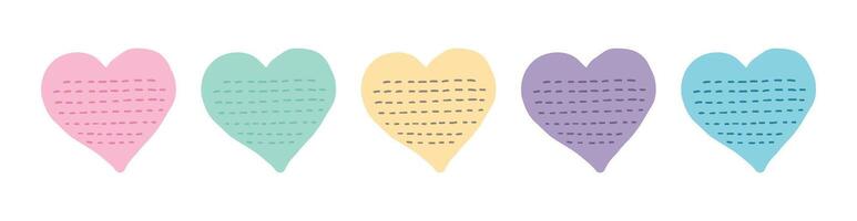 Set of colorful heart-shaped sticky notes with lines isolated on a white background. Concept of creative stationery, love notes, decorative school supplies, minimalist note-taking. Design Elements vector