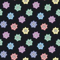 Seamless Pattern of Gears on Black Background. Concept of Cute Industrial Design, Colorful Machine Parts, Engineering Tools, Repetitive Motif. Textile and Wallpaper Element. Wrapping paper, Print vector