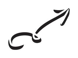 Hand-drawn curved volumetric black arrow isolated on a white background. Concept of direction, navigation, pointers, movement. Design element, symbol, and sign. Doodle style, sketch vector