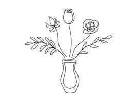 Minimalist Floral Illustration with Tulip and Rose in Vase. Bouquet of flowers isolated on white backdrop. Continuous one line drawing. Hand drawn Botanical Line Art. Home Decor Element vector
