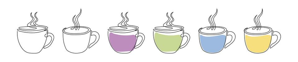 Set of hot cups with steam. Coffee or tea mugs Isolated on white background. Continuous one line drawing. Line Art. Concept of hot beverage, Morning drink, Minimalist Icon, Design Element, Print vector