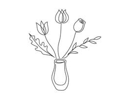 Minimalist Floral Illustration with Tulip and Rose in Vase. Bouquet of flowers isolated on white background. Continuous one line drawing. Hand drawn Botanical Line Art. Home Decor Element vector