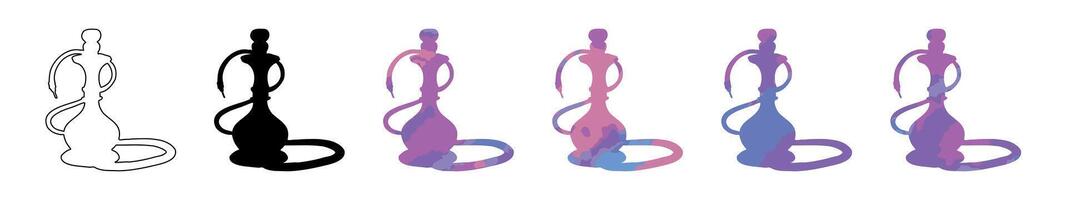 Hookah set, black silhouette, outline, and colored versions. Isolated on a white background. Flat design. Concept of smoking culture, hookah design, lifestyle, and shisha. Design elements vector