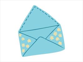 Illustration of an Open Blue Envelope with Floral Patterns isolated on white background. Concept of Stationery, Cute Design, Handcrafted Style, Communication Icon, Paper Craft, Invitation. Print vector