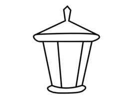 Black outline of decorative lantern lantern isolated on a white background. Concept of vintage lighting, traditional lamp, minimalist style, classic home decor, street lantern. Print, design element vector