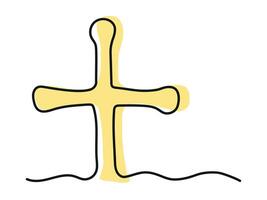 Continuous one line drawing of a golden cross isolated on white background. Abstract Line Art. Concept of Easter, Christian symbol, faith, spirituality, religion, funeral. Design element, icon, print vector