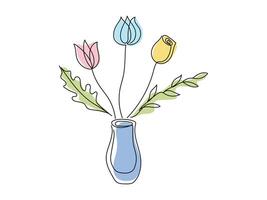 Minimalist Floral Illustration with Tulip and Rose in Vase. Bouquet of flowers isolated on white background. Continuous one line drawing. Colored Line Art. Concept of Botanical Art, Home Decor Element vector
