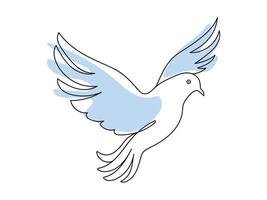 Minimalist Line art of dove in flight with Light Blue Accents. Continuous one line drawing. Flying pigeon. Concept of peace, freedom, hope. Isolated on white backdrop. Design element, Icon, Print vector
