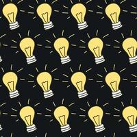 Seamless Pattern of Glowing Light Bulbs on Black Background. Concept of Innovation, Bright Ideas, Creativity, Electrical Design. Art, Decoration, graphic design, inspiration symbol. Background vector