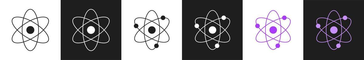 Abstract atomic icons set isolated on black and white background. Concept of science illustration, molecule, physics, nuclear symbol. Modern design, educational graphic, atom representation. vector