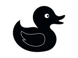 Black silhouette of rubber duck isolated on white background. Concept of bath toys, simple illustration, kids' favorite, minimalist style, duckling. Design element vector