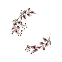 Maroon leaves and wild flowers in watercolor. Arrangement of branches in sepia color isolated. Watercolor monochrome plants frame. Design of branding , invitations, printed products, save the date vector