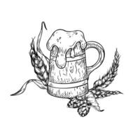 Tankard of beer and foam cap black white graphic illustration isolated. Stein beer, wheat of ear, cone hops engraving. Wooden beer mug hand drawn in monochrome for design festival menu, label. vector