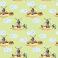 Windmill vintage in watercolor seamless pattern isolated on neutral background. Rural making bread mill hand drawn in sketch. Rural landscape for design package bread, flour, grocery store, bakery. vector