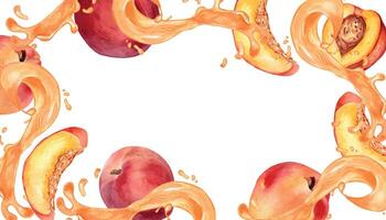 Frame of watercolor peach splash juice and fruits illustration isolated on white. Fruits liquid and nectarines hand drawn. Design element for packaging, menu, label, drink, ice-cream, tableware vector
