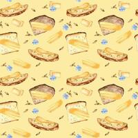 Assorted slices of bread and butter in watercolor seamless pattern isolated on neutral background. Sliced mixed bread spread butter hand drawn in sketch for package, wrapping paper, bakery. vector